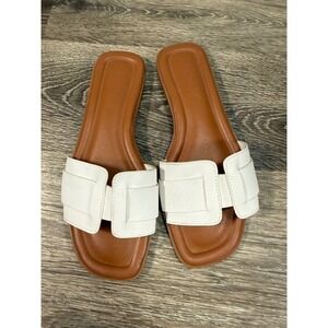 Primark Sandals Women's 6 White‎ Faux Leather Slide Cognac Brown Flat Slides